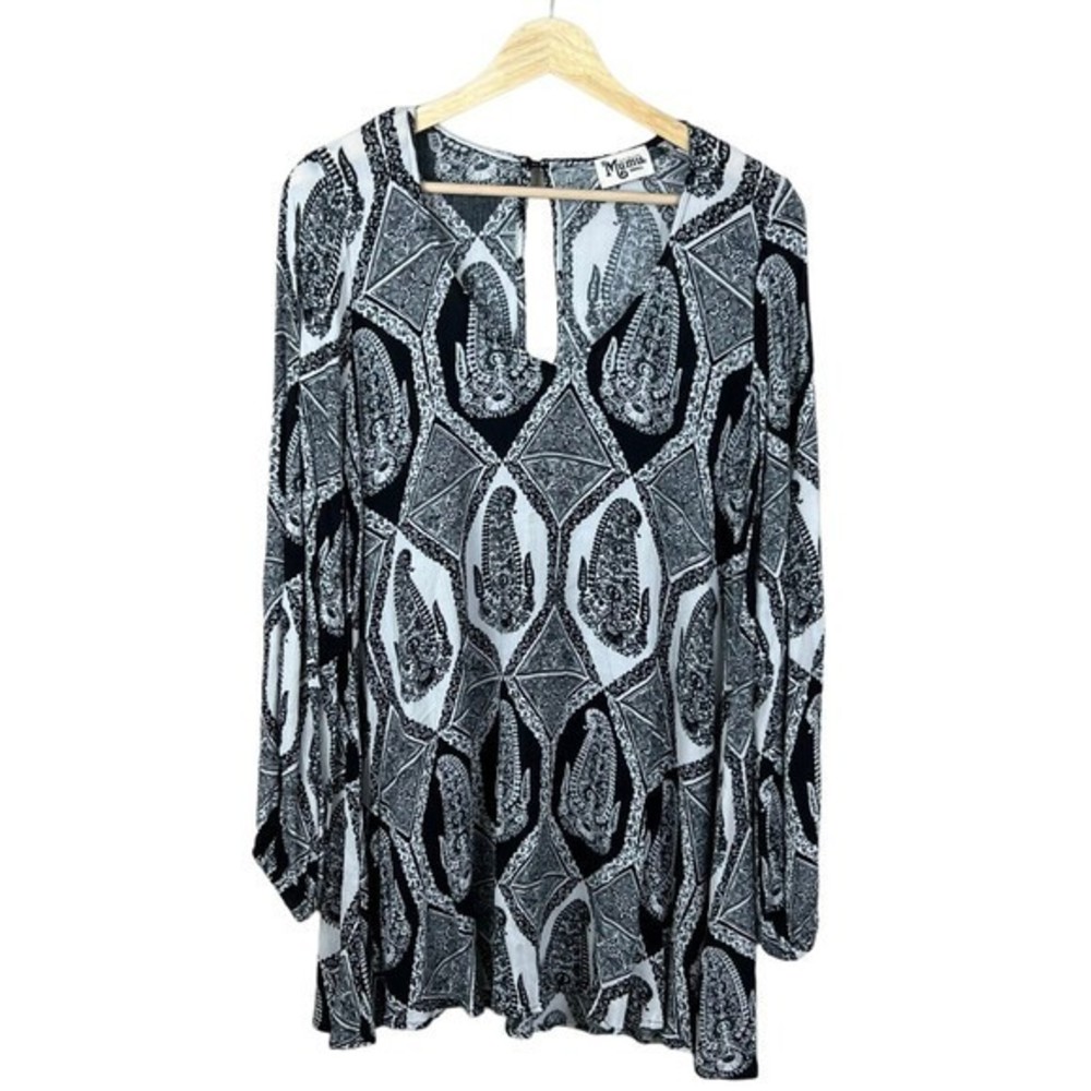 Show Me Your Mumu Womens‎ Black White Paisley Long Sleeve V Neck Tunic Small